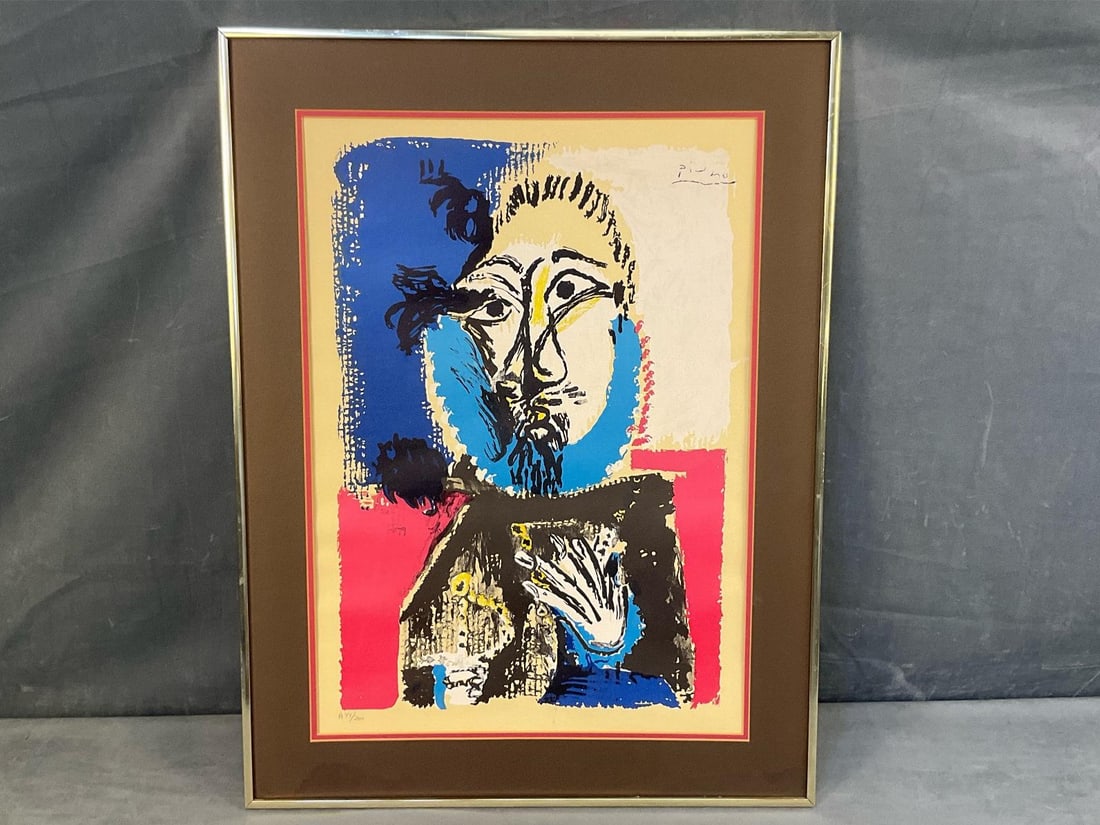 MCM Picasso Lithograph: Circa 1969 vintage Picasso “Imaginary Portraits “ (Portraits Imaginaires), limited edition numbered 44/200, American Edition lithograph by Marcel Salinas. Water stain to cardboard backing on