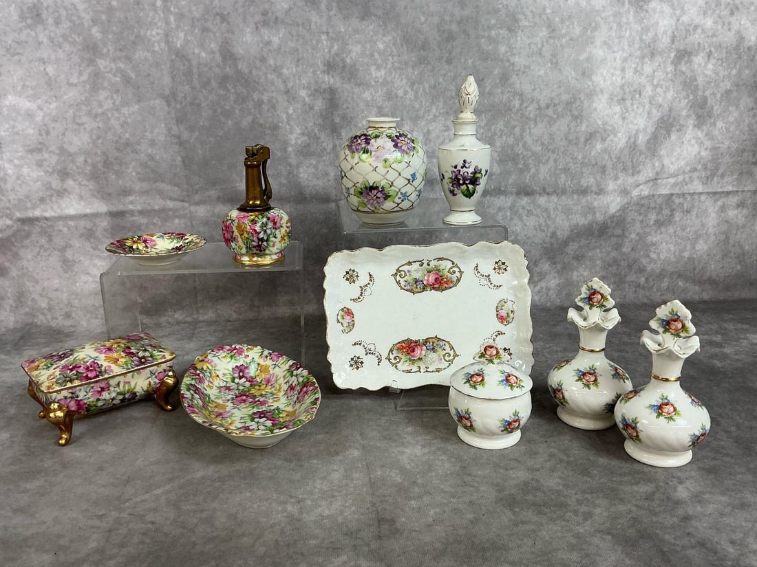 Vanity Set, Tray, Perfume Bottles & Vases: Ten early to mid century delicate porcelain pieces. Summertime pattern set with trinket box, bowl, dish, and lighter. Includes Silesia tray, two perfume bottles, and trinket box with rose pattern and