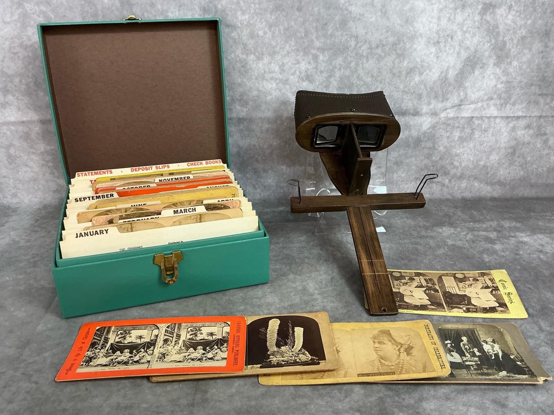 Stereoscope & Cards: Late 1800s to early 1900s cards and viewer. 3D entertainment Stereoscope made of wood and metal, twenty-nine stereoview cards of varied scenes. Cards are faded and worn, viewer is in good condition.