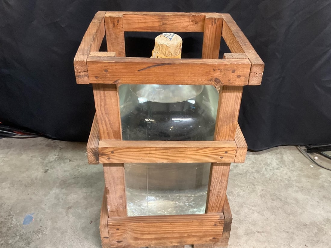 Virginia Etna Mineral Water: Early 1900's 5 gallon full water jug. Bottled by Etna Springs, Vinton, VA. Natural mineral clear water in heavy glass carboy with cork, in protective wooden crate. Original paper cap from Etna water.