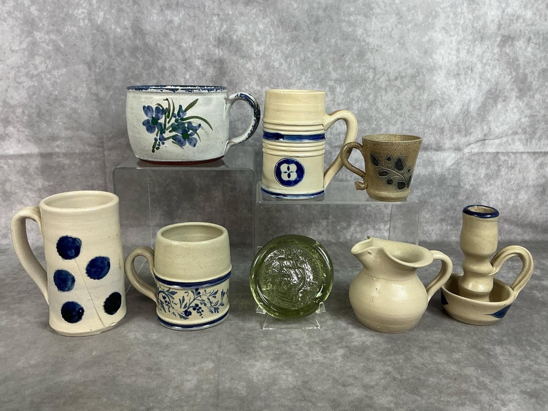 Williamsburg & Owens Pottery: Eight mid to late 1900s pottery. Collectible Williamsburg pottery mugs, creamer and candle holder with cobalt blue decorative art. Also, Owen's pottery of North Carolina soup bowl with floral design