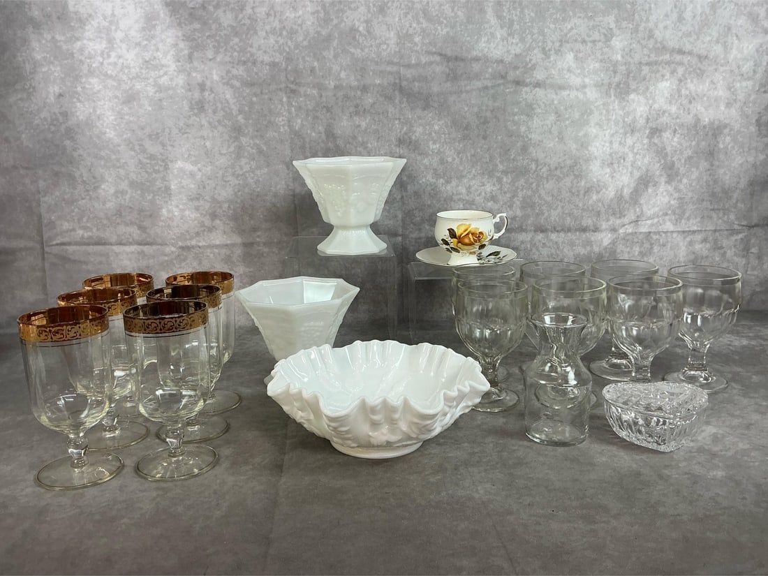 Stemware, Milk glass & More: Nineteen pieces of mid century glassware. Six glasses by Bryce, St Regis pattern with gold rims, seven Hazel Atlas clear goblets, and Princess House trinket box and vase. Milk glass Imperial rose