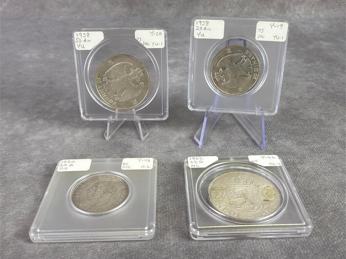 Foreign Silver Currency: Lot of four foreign silver coins. All in good circulated condition and containing 70 to 80 percent silver. Total weight 1.66 ozt.