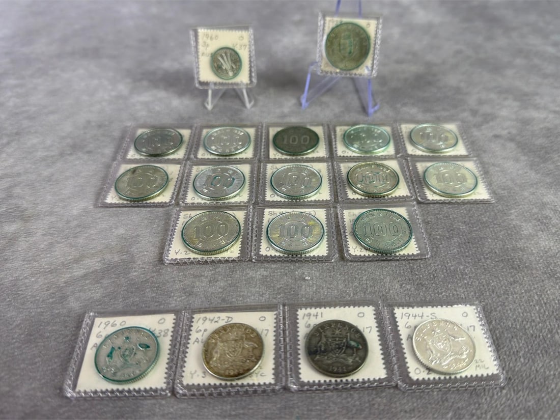 Foreign Silver Coins: Lot of 19 foreign silver coins. All in good circulated condition and containing 50 percent silver. Total weight 2.5 ozt.