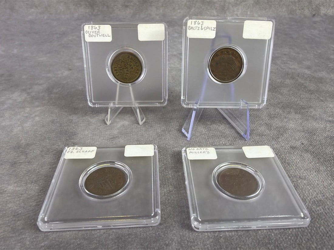 Civil War Tokens: Lot of four Civil War tokens. All in good circulated condition and comes in protective case. Each case measures 2 inches wide x 2 inches tall.