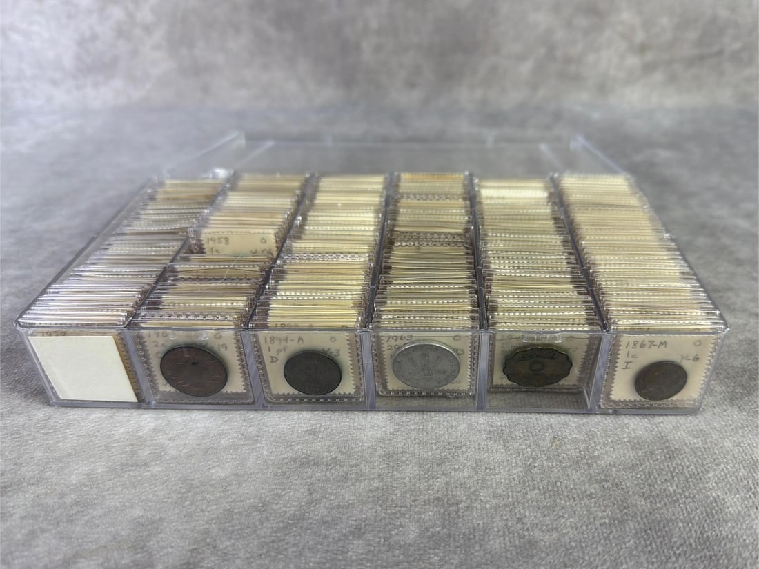 Foreign Coins: Lot of foreign coins ranging in date from 1800 to 1900s and from various countries. All in good circulated condition. Box measures 8 inches wide x 4.5 inches x 1.25 inches tall.