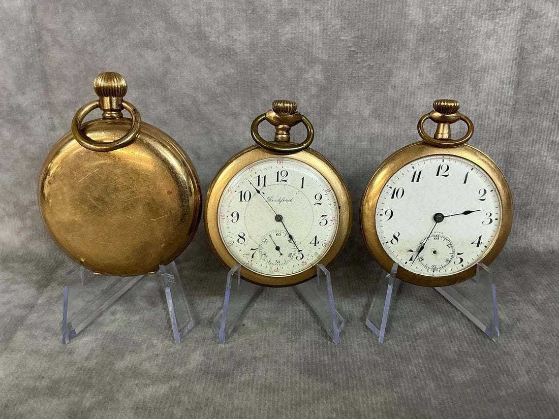 Pocket Watches: Liberty Co. 17 jewel pocket watch, inside back cover marked Belmont Warranted 20 Years, not running. Rockford 21 jewel pocket watch,inside back cover marked guaranteed 20 years, not running. Tegra