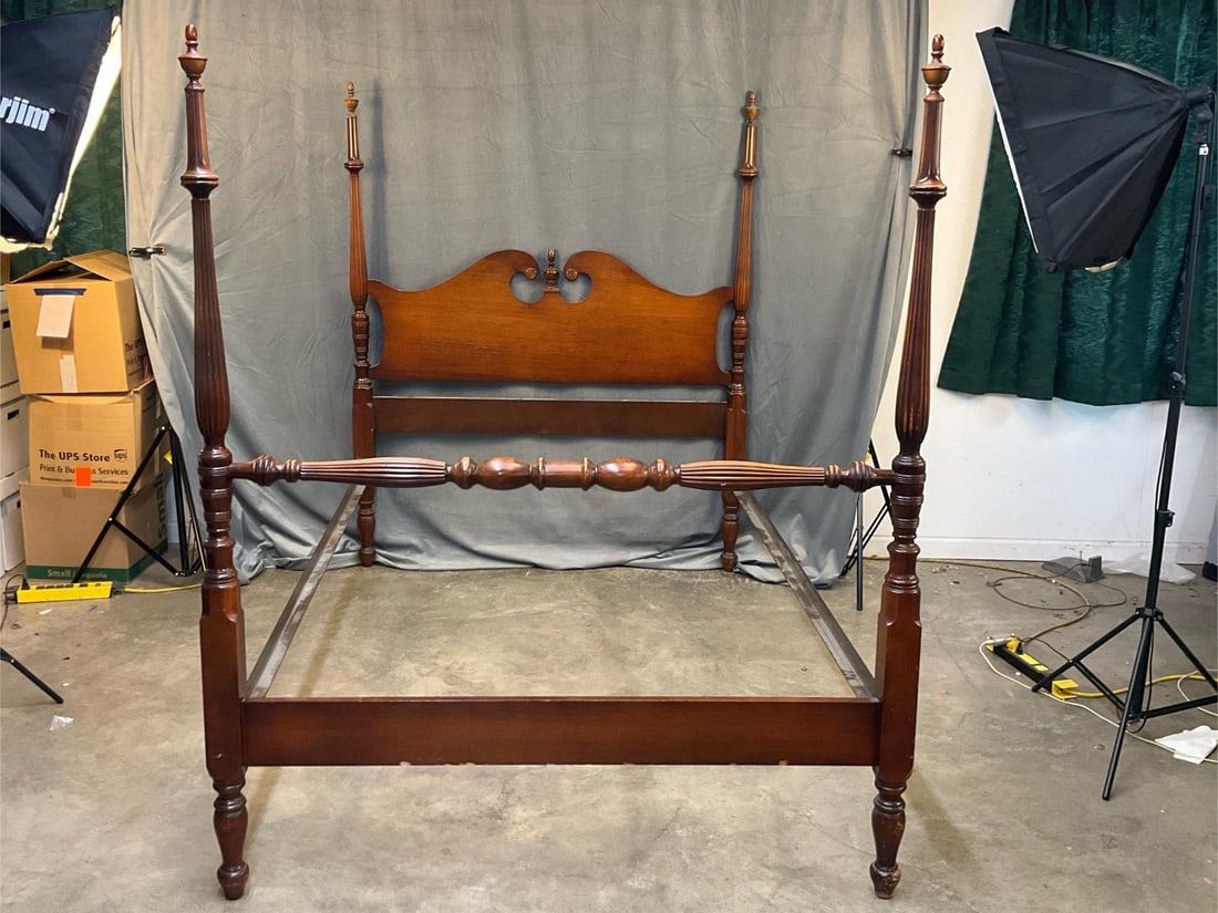 Chippendale Bed: Mid - twentieth century mahogany Chippendale style bed. Scratches to finish, otherwise good condition. Inside measurements 53.75 inches x 75.5 inches. 67.75 inches bed post height.