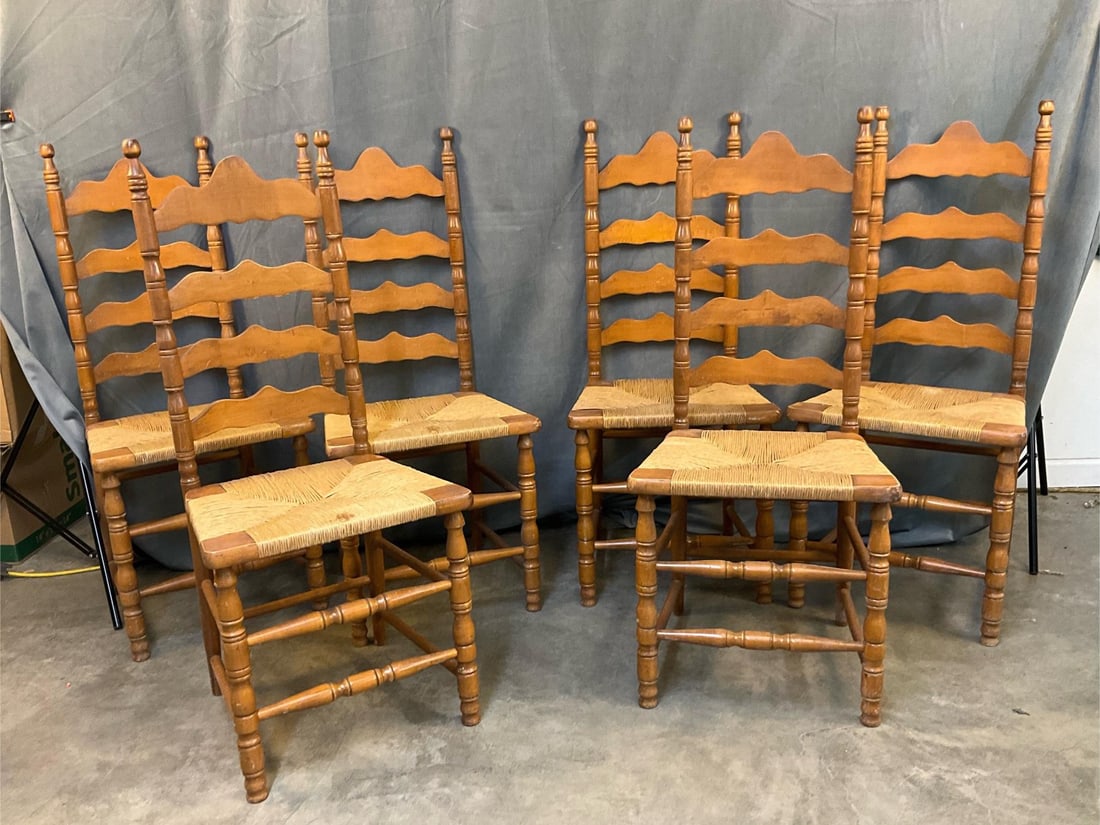 Set of Chairs: Late twentieth century set of six Delaware River Valley style side chairs with rush seats. Need cleaning, otherwise good functional condition. Measures 18.25 inches wide x 16 x 43 inches tall.