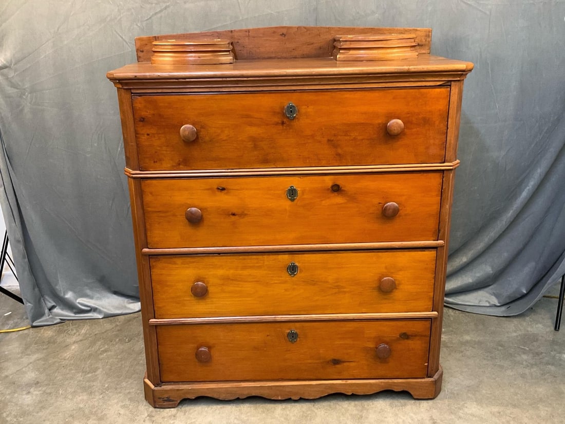 Victorian Chest of Drawers: Circa 1870 four drawer chest with two “glove “ box compartments on top with back splash. Walnut, pine, and poplar secondary wood. Good condition. Measures 41.25 inches wide x 21.5 x 47.75 inches