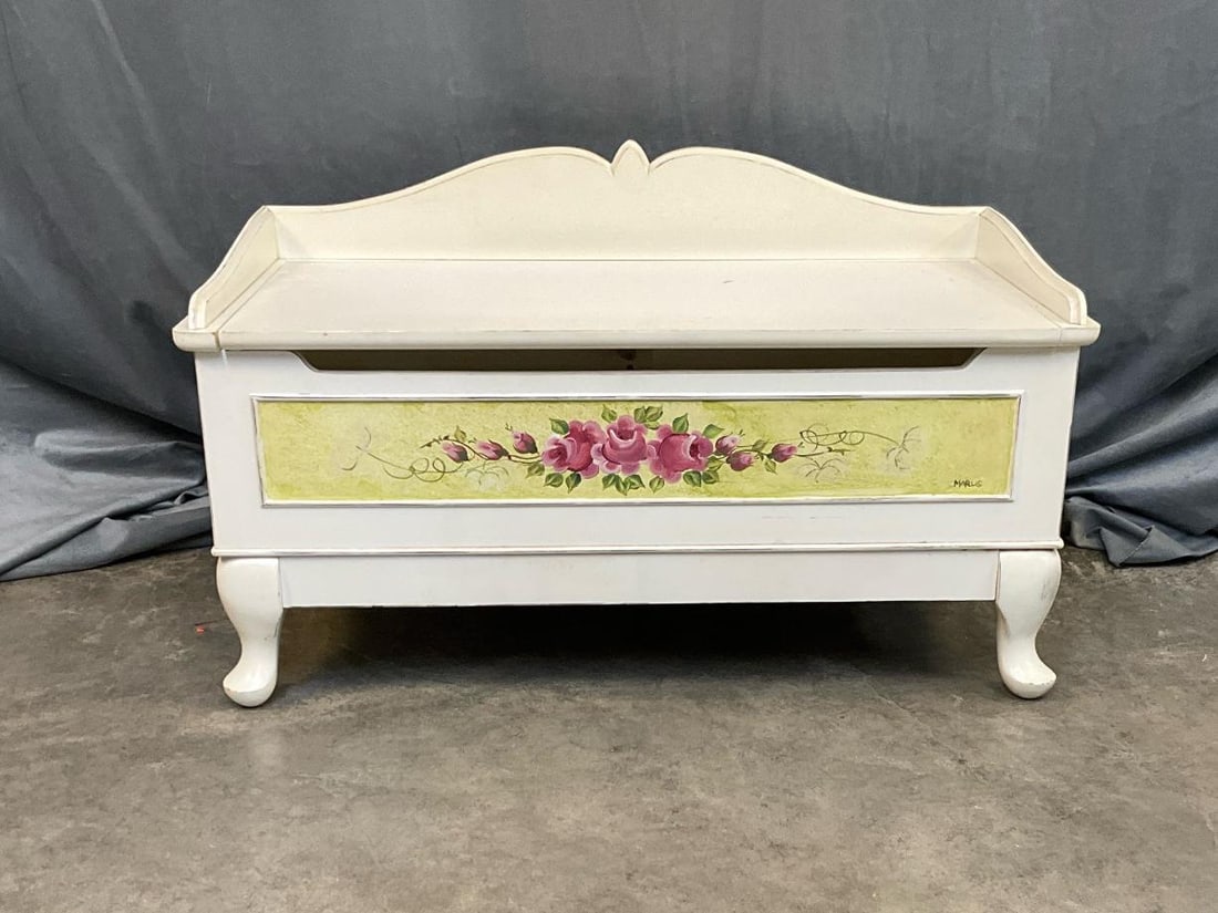 Marlis Chest: Late twentieth century painted chest with cabriole legs signed “Marlis”. Good condition. Measures 31.25 inches wide x 16 x 19 inches tall.