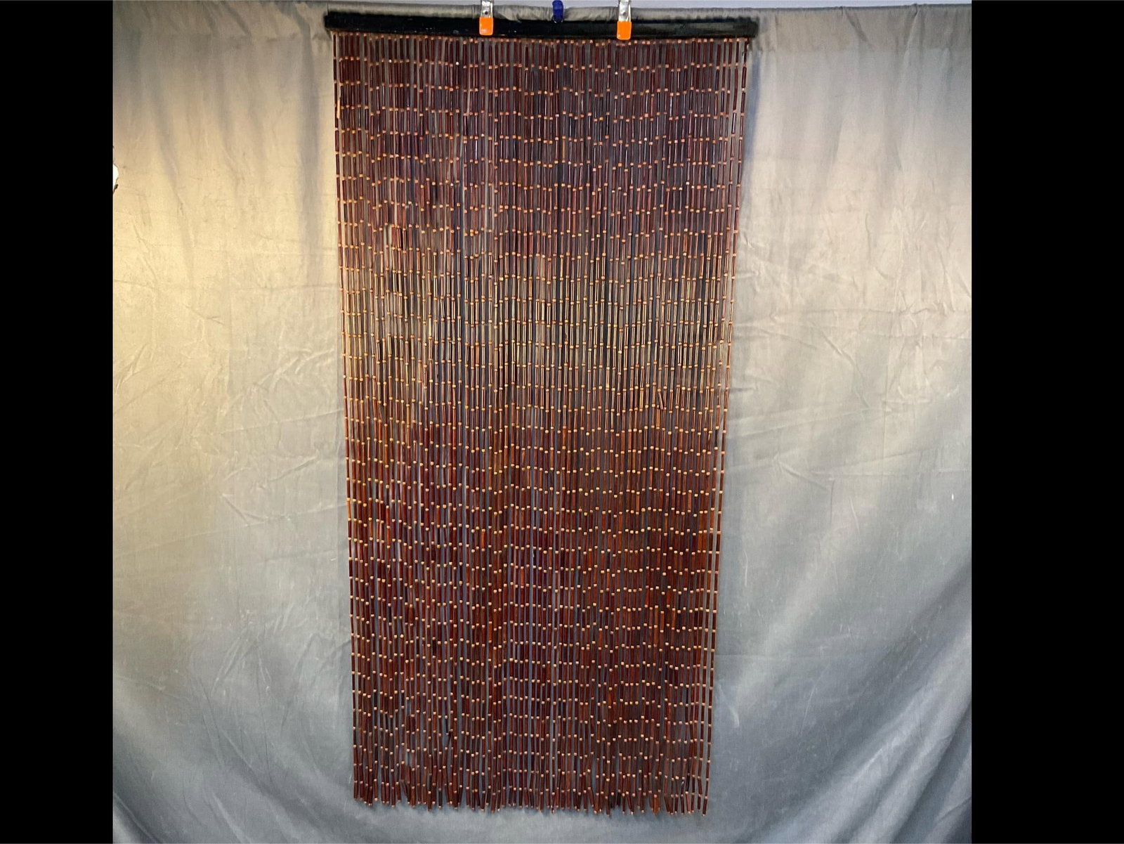 Bohemian Wooden Beaded Door: Contemporary late 20th century wooden beaded door/curtain. Good condition. Measures 34.5 inches wide x 72 inches tall.