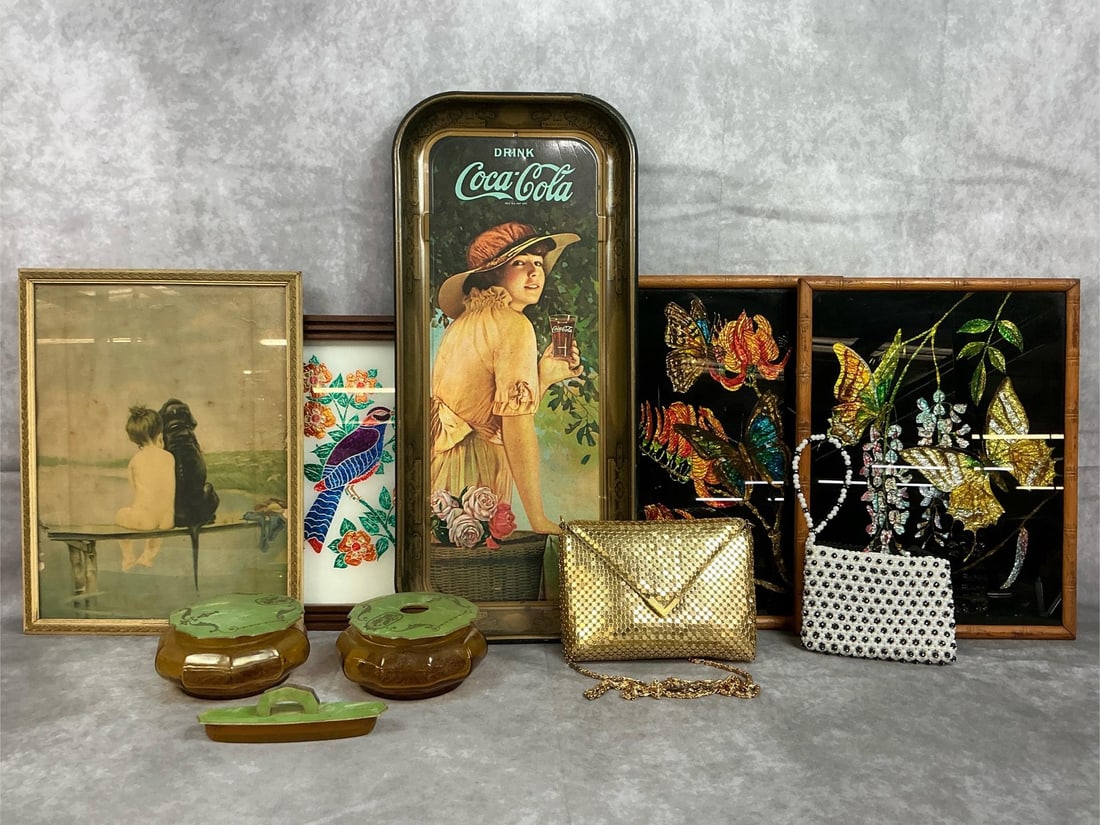 Ladies' Lot: 1970s reproduction metal Coca-Cola tray, three piece amber glass dresser set with green celluloid lids, gold metal mesh purse, handmade beaded purse, art deco print, and three foil art pictures.