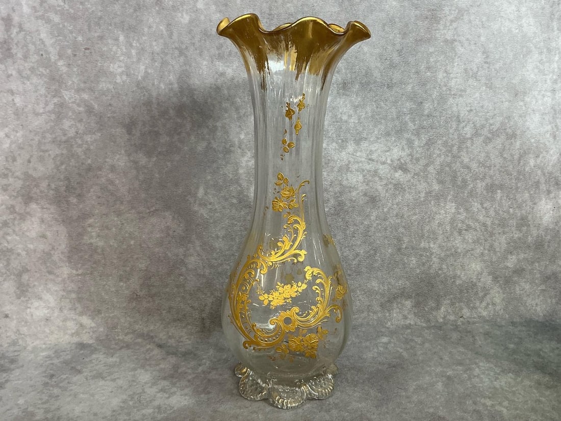 Rare Glass Vases: Three early 1900s vases. Bohemian emerald green vase with gold gilt art and Moser style trumpet vase with gold gilt scroll work and flowers. These are from Czech Republic. Clear cut glass vase with