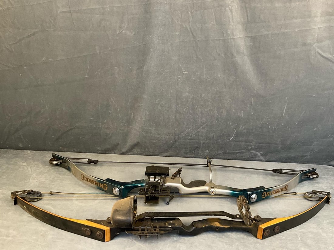 Compound Bows: Lot of two late twentieth century compound bows. One Browning Pro 600. Used condition. One Model T Hunter. Used condition. Each measures 48 inches length.