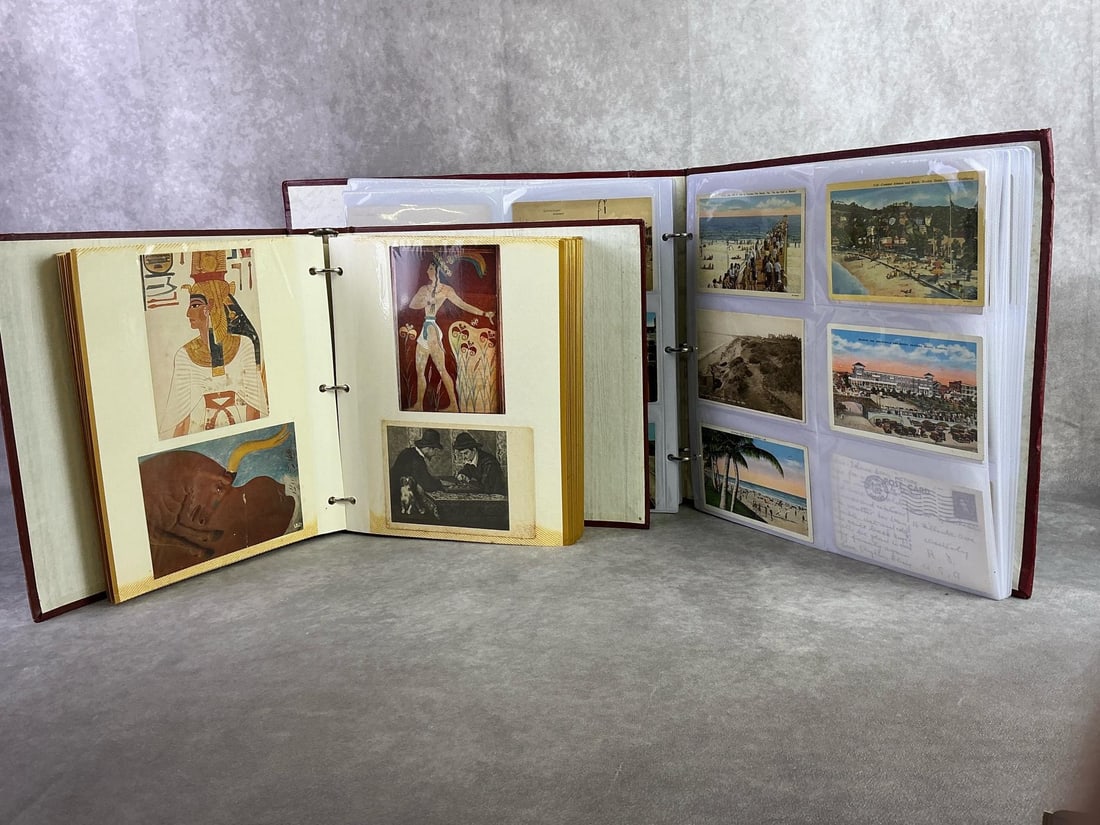 Postcards: Lot of approximately 300 postcards mainly destination and religious. All in good condition with plastic sleeve protectors, circulated and non. Largest binder measures 11.25 inches wide x 11.5 inches