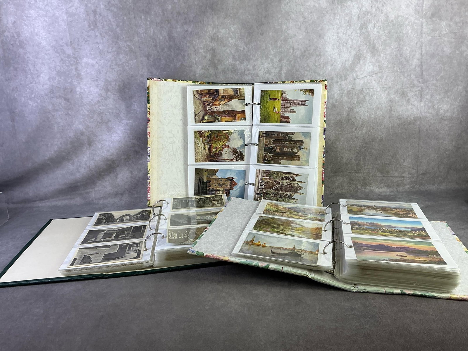 Postcards: Lot of approximately 300 postcards mainly destination and religious. All in good condition with plastic sleeve protectors, circulated and non. Largest binder measures 9 inches wide x 13 inches tall.