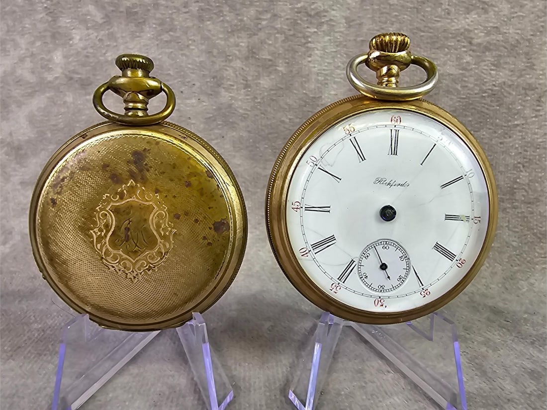 Gold Filled Pocket Watches: Two early 1900s gold filled pocket watches. Elgin double hunter case watch with 15 jewels. Inside movement cover marked Philadelphia Watch Case Co Victory Warranted ten years. Rockford open face