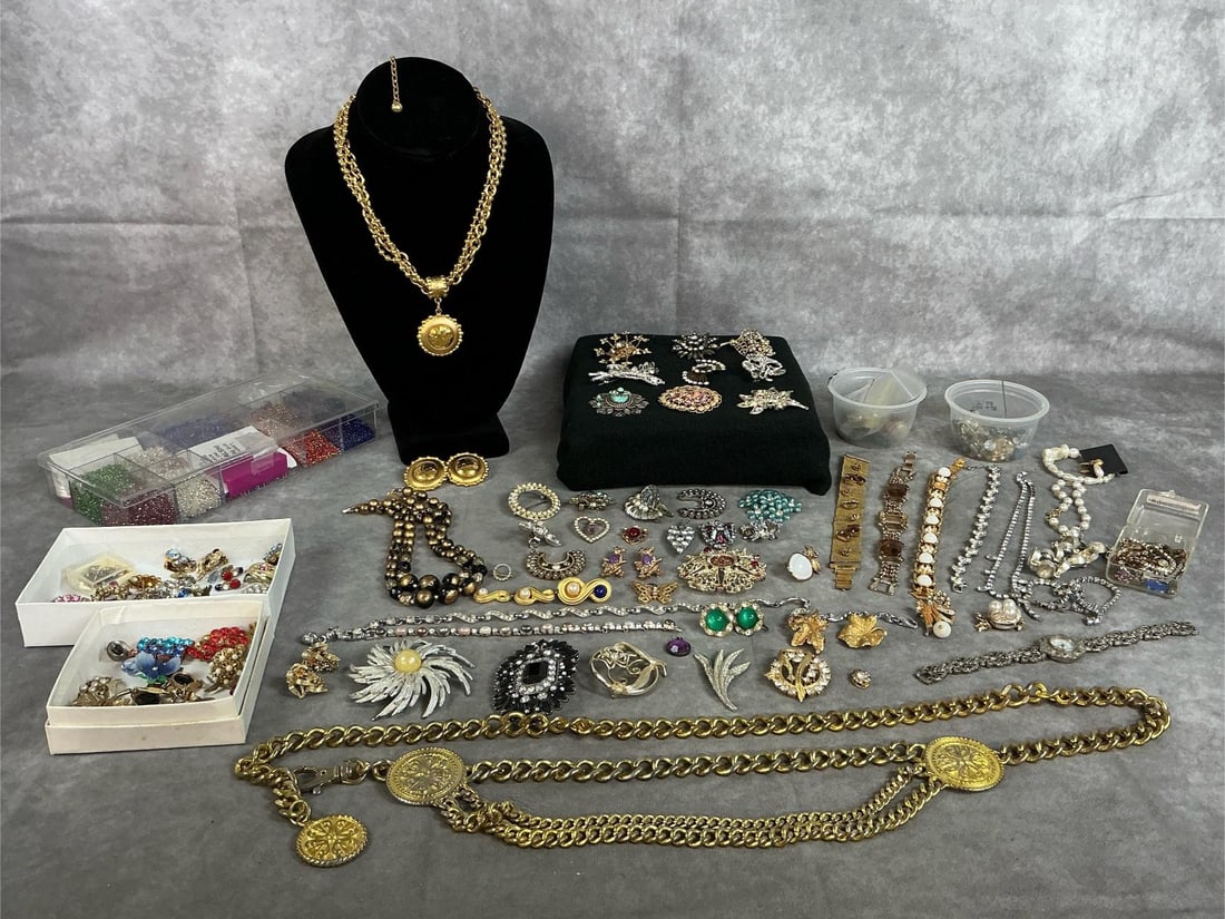 Lot of Jewelry Making Finds: Lot of mid to late century jewelry making items. Includes brooches, necklaces, bracelets, and earrings. Box of multi colored mini beads, and numerous larger beads, stones, and chains. Bead box