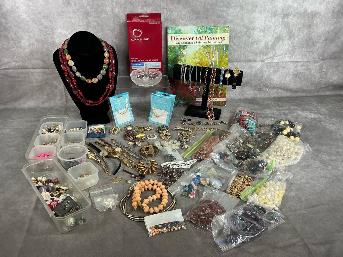 Jewelry Odds & Ends: Lot of mid century to modern jewelry items. Includes necklaces, watches, brooches, earrings, beads and baubles. A jewelry makers find. Oil painting book included and measures 8 inches wide x 11