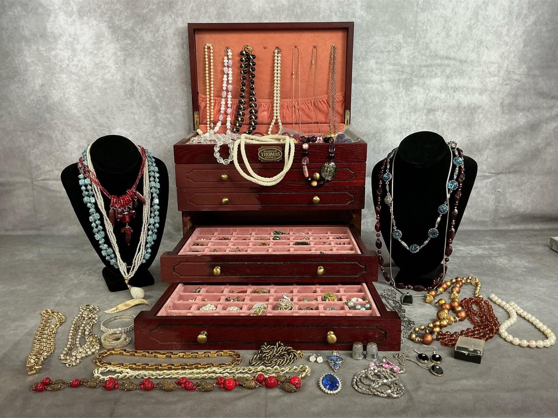 Jewelry Box Full of Jewelry: Lot of mid to late century jewelry and wooden box. Thomas Museum Series wooden box. Contains 30+ necklaces and 45+ earrings- clip ons and pierced, brooches and more. Wide assortment of stones,