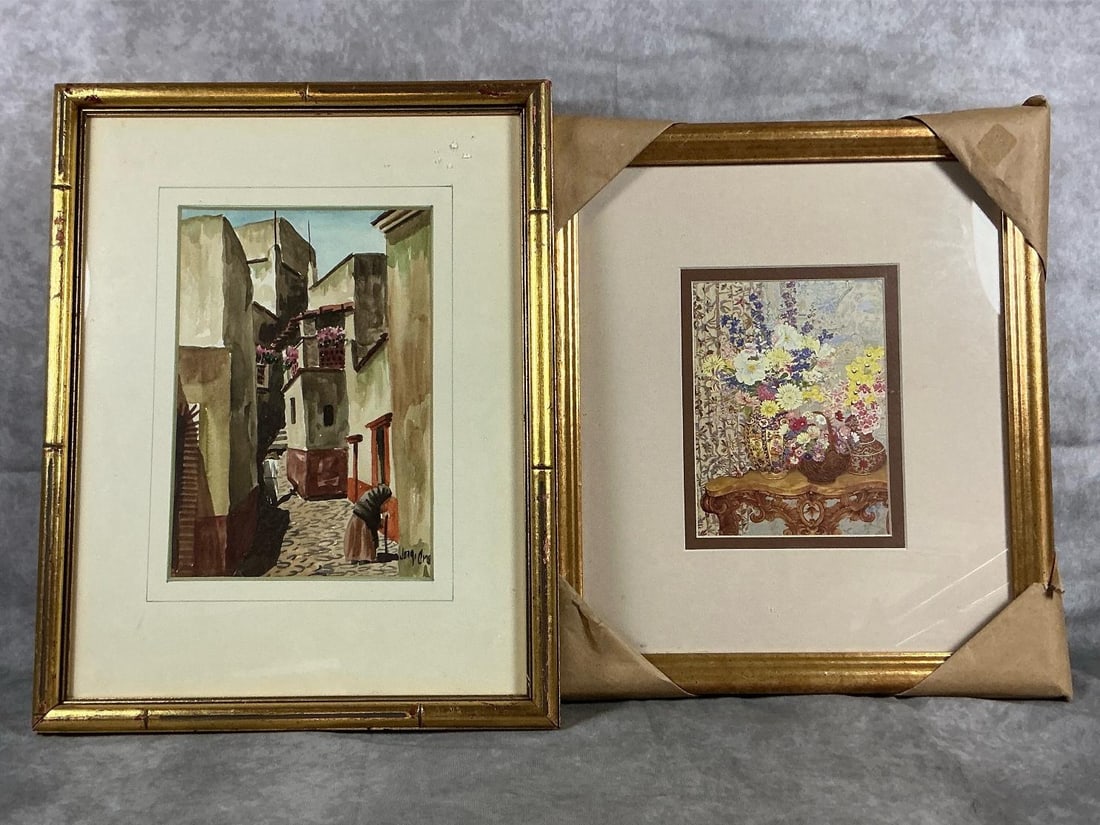 John Powell Still Life & Street Scene Watercolor: Two vintage pictures. Serigraph on paper "French Still Life" by John Powell in gold tone frame and matting. Signed watercolor of Mexican Strret, in gold tone frame. Street scene has discoloration on
