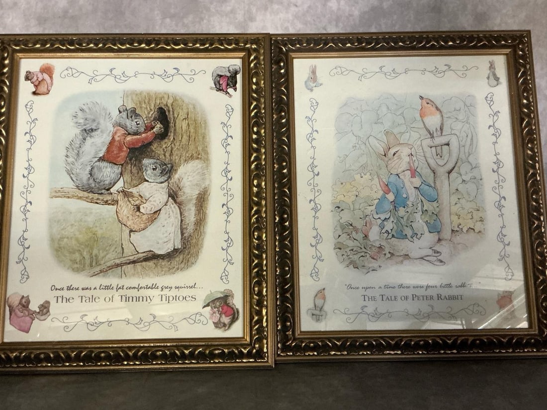 Beatrix Potter Prints: Two modern prints in ornate wooden frames. The Tale of Peter Rabbit and The Tale of Timmy Tiptoes. In good condition. Measure 19.5 inches wide x 1 x 24 inches tall.