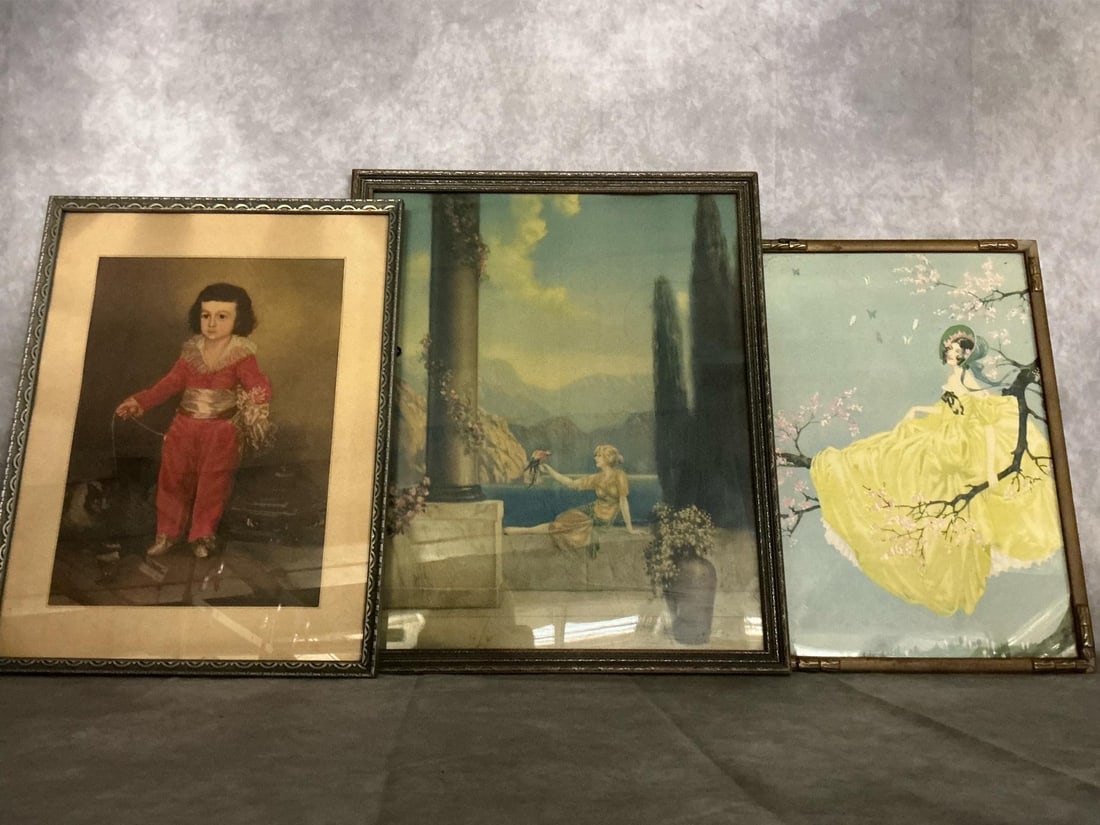 Art Nouveau Prints: Three prints from the early 1900s. French Goya Print, "Red Boy", "Romance Canyon" by R Atkinson Fox, and "Victorian Woman" lithograph print. Romance Canyon measures 15 inches wide x 18 inches tall.