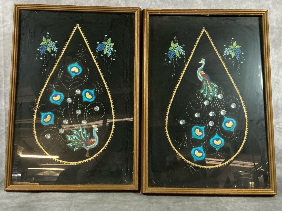 Embroidery & Beadwork Art: Two mid century art pieces. Peacocks with beadwork and embroidery on black felt. Art is loose in frames, otherwise in good condition. Each measures 12.5 inches wide x 1.25 x 18.5 inches tall.