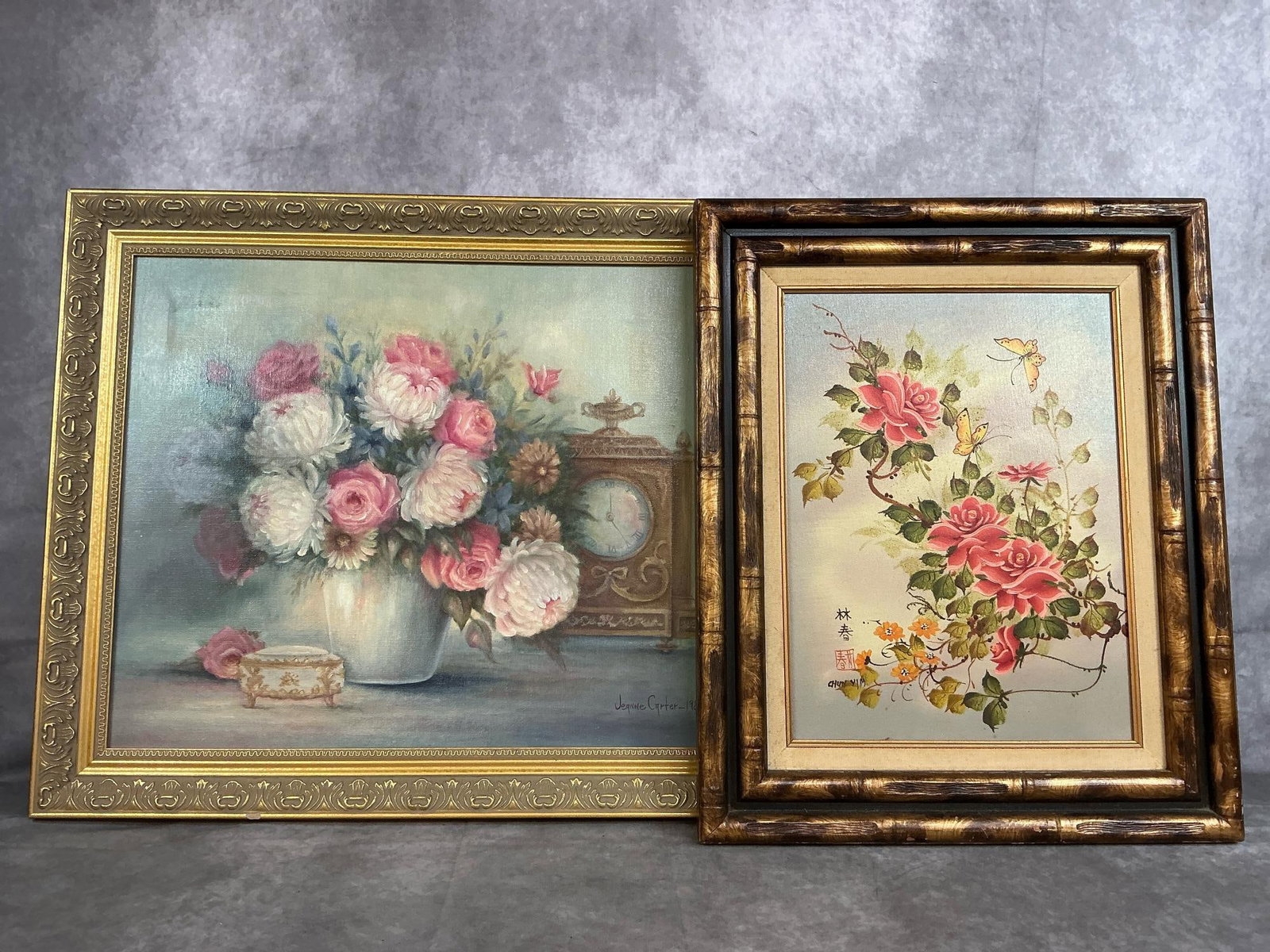 Roses Oil Paintings: Two vintage oil paintings. Roses and mantle clock by Jeanne Carter in ornate gold frame. Roses and butterflies by Chun Yim matted and framed in faux bamboo frame. In good condition. Largest measures