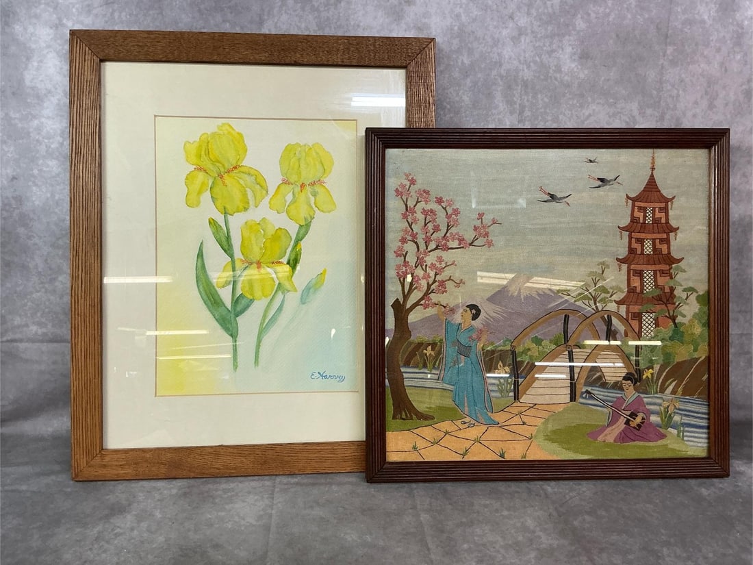 Embroidery Art & Watercolor: Two mid century framed art pieces. Japanese themed colorful embroidery art. Yellow bearded iris watercolor by E Harvey matted and in wooden frame. Iris measures 18.5 inches wide x .5 x 22.5 inches