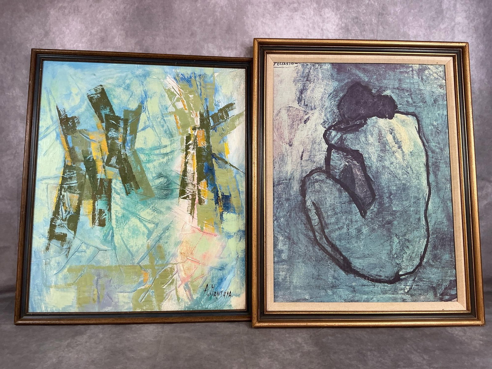 Blue Nude by Picasso Print & Mantaya Abstract: Two vintage framed art pieces. Blue Nude by Picasso is a poster canvas and A Mantayais Abstract textured oil painting. Both in good condition. Nude measures 21.5 inches wide x 1 x 27.5 inches tall.