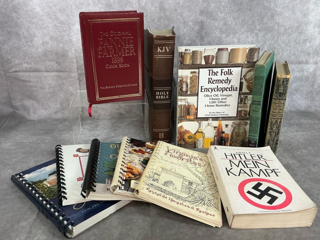 Large Print Bible, Cookbooks, Folk Remedy Encyclopedia and More: Eleven vintage books. Large print KJV soft leather Bible, six cookbooks, including Fannie Farmer, Tom Sawyer, and more. Bible measures 7.5 inches wide x 2 x 10.5 inches tall.