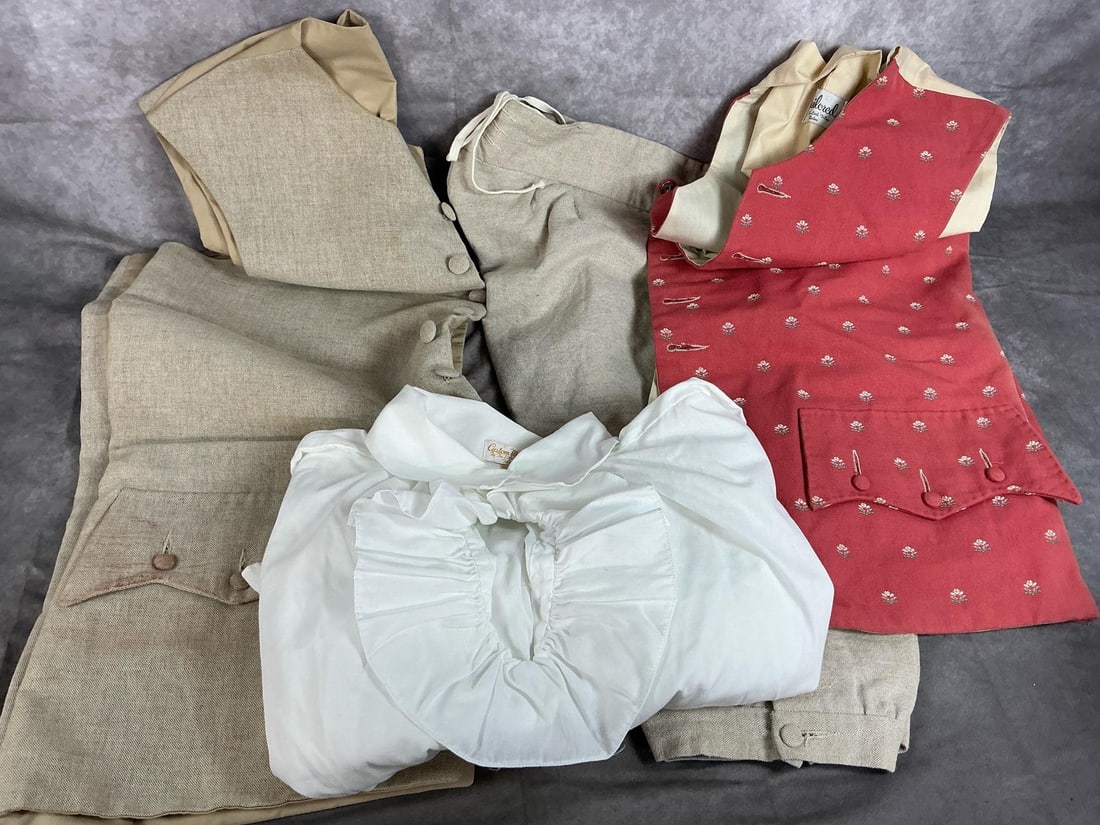 Men's Reenactor's Formal Clothes: Four pieces of men's clothing. Two long vests, a ruffled shirt, and knee breeches. White shirt and mauve vest custom made by The Little Village Tailors. Stains on broadcloth vest, otherwise all in goo