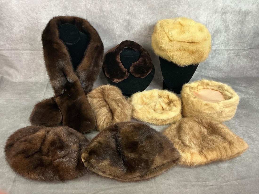 Fur Stole, Collar, & Hats: Nine mid centuryfur hats and stoles. Includes mink long scarf, small collar and seven mink hats. Lining in one hat is loose, otherwise all in good condition. Long stole measures 44 inches long x 3