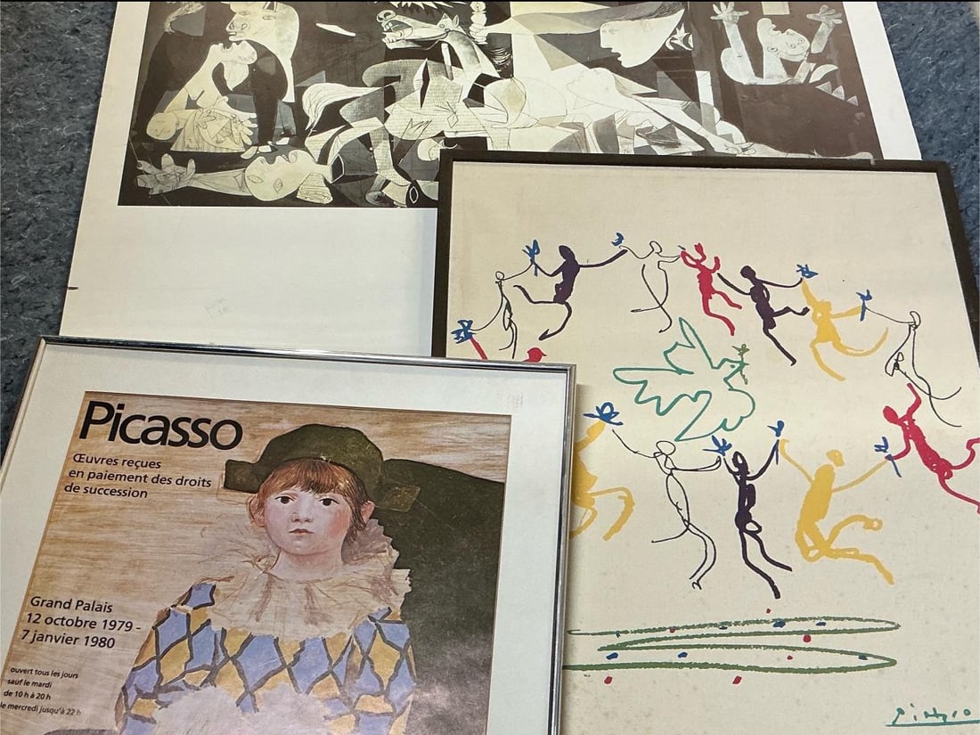 Picasso Repoductions: Three mid century to modern prints. Poster of Guernica 1937, 1980 Exhibition poster, and canvas print of “The Dance of Youth” from 1961. All show some wear, the Dance has spots and