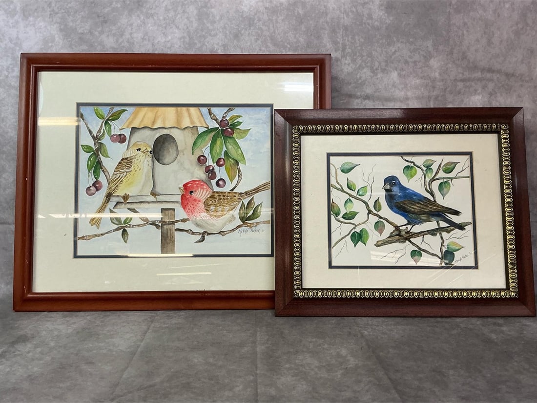 Bird Watercolor Art: Two 2000-2001 watercolors. House Finches with Cherry Branches, and Indigo Bunting. Both by Merle Parker with matting and wood frames. In good condition. Finches measure 22.5 inches wide x 18.5 inches