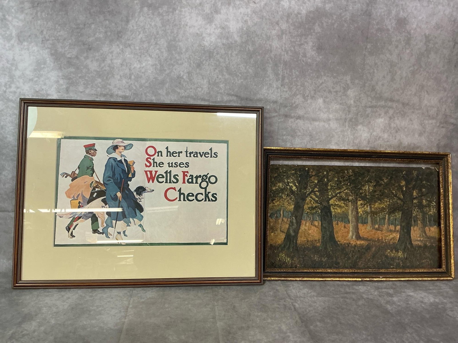 Wells Fargo Ad & Forest Oil Painting: Two early 1900s pieces. Wells Fargo Travelers Checks advertisement matted and framed. Impressionist style oil painting of forest in browns. Forest painting is loose from frame. Wells Fargo measures