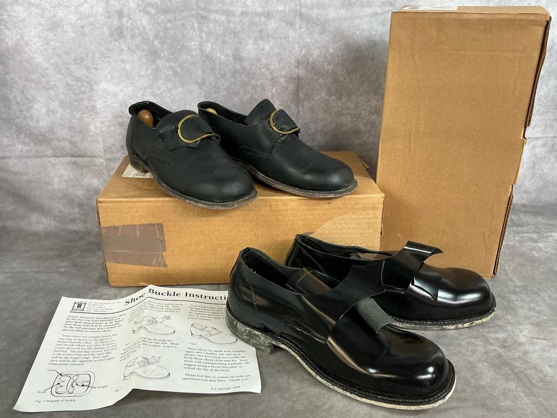 Men's Reenactor Shoes: Two pair men's leather shoes from early 2000's. Joseph Townsend & Son black leather with buckle, and shiny black leather size 10 D. Both in good condition. Box measures 16.5 inches x 8 x 6 inches