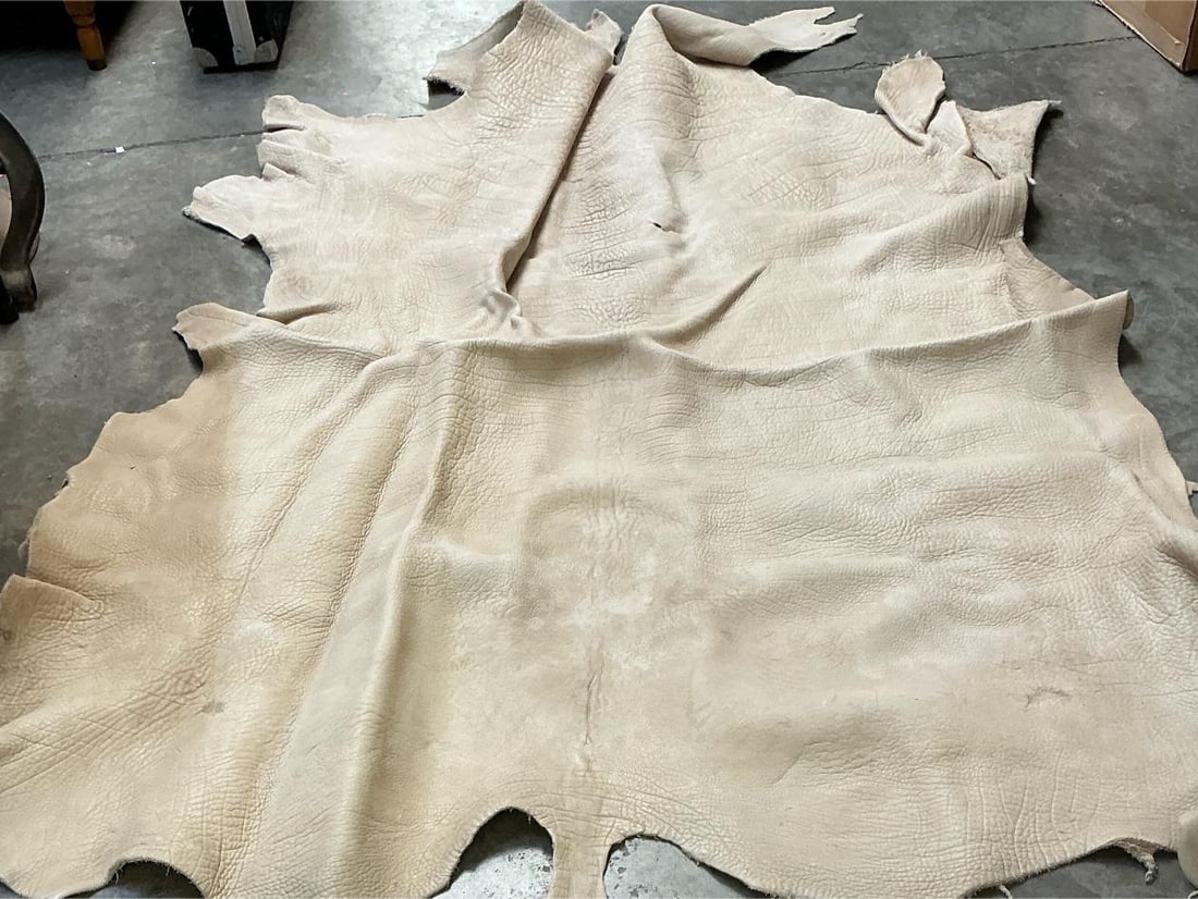 Large Animal Hide: Large leather- tanned animal hide, possibly buffalo. Well preserved. Measures 58 inches at widest x 70 inches long.