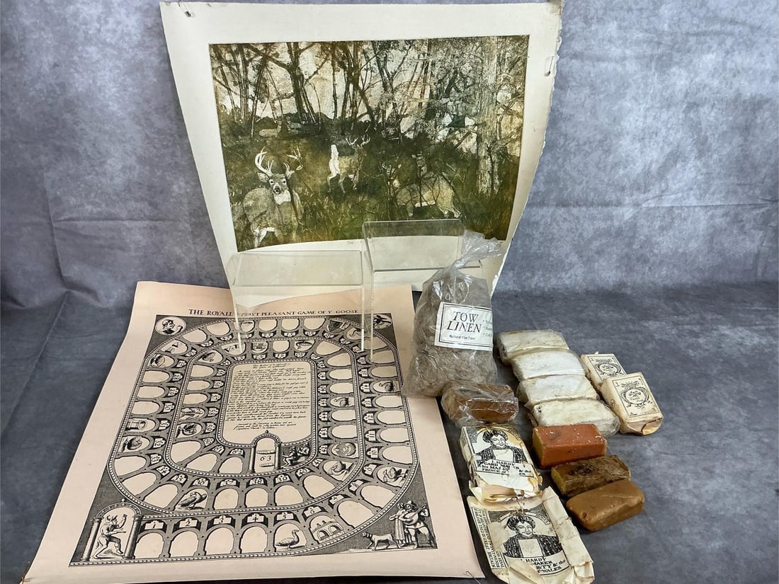 Colonial Game, Print, Soap, & More: Fourteen collectible items. The Royal and Most Pleasant Game of Y Goose copied from 1600 century Italy. Print by Nicholas Cossitt titled "The Poacher'. Includes ten bars of homemade soap and playing