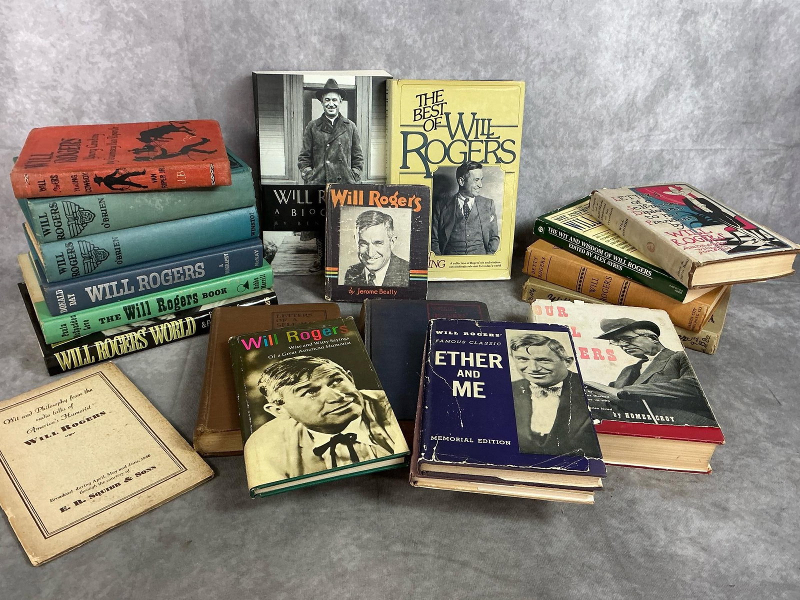 Will Rogers Books: Twenty books from 1930 to late 1900's. Variety of books on Will Rogers, humorist, cowboy, diplomat, and writer. Some books have foxing and a few torn pages. Largest book measures 6.25 inches wide x