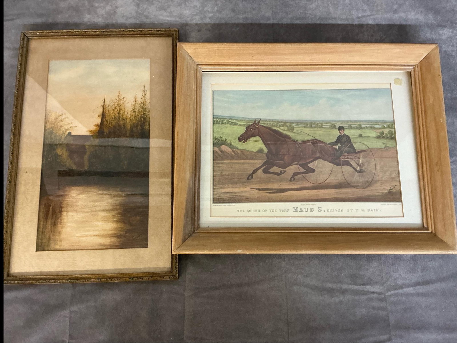 Vintage Art: Two early 1900s pictures. "Queen of the Turf Maud S" reprint from Currier & Ives lithograph, original 1880 copyright. Framed watercolor of Country Church beside Pond signed by Soyam. Both are worn