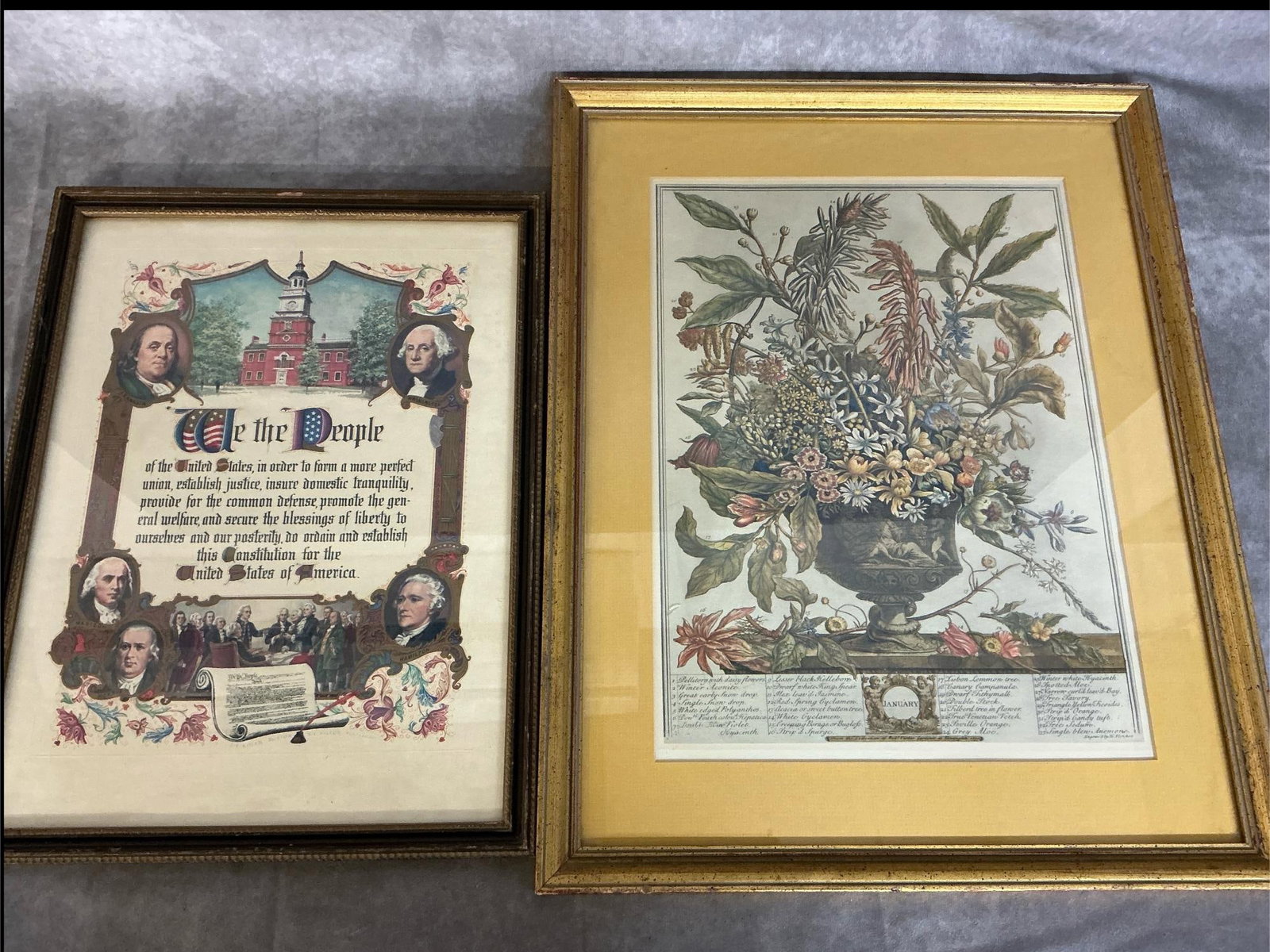 "We the People" Print & "January" Art Print: Two mid century prints. "We the People" U S Constitution artwork by Brown and Bigelow. "January " botanical art print by Robert Furber originally done in 1730. January measures 17 inches wide x 1 x