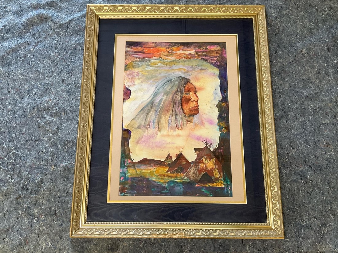 Native American Watercolour: Late twentieth century Native American watercolour framed and matted. Illegible signature. Good condition with several small losses to frame. Measures 25 inches wide x 1.25 x 31 inches tall.