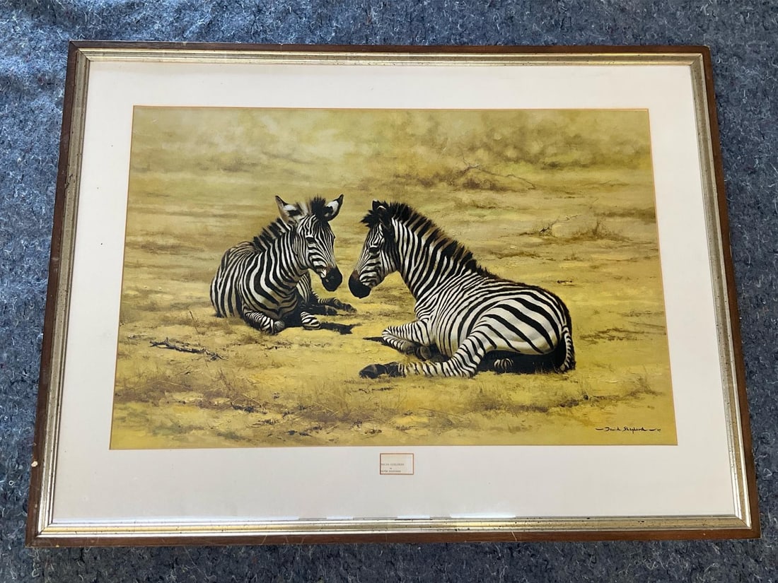 African Print: Late 20th century framed print by David Shepherd titled “African Children”. Print matted off center, otherwise good condition. Measures 38.75 inches wide x 1 x 28.75 inches tall.