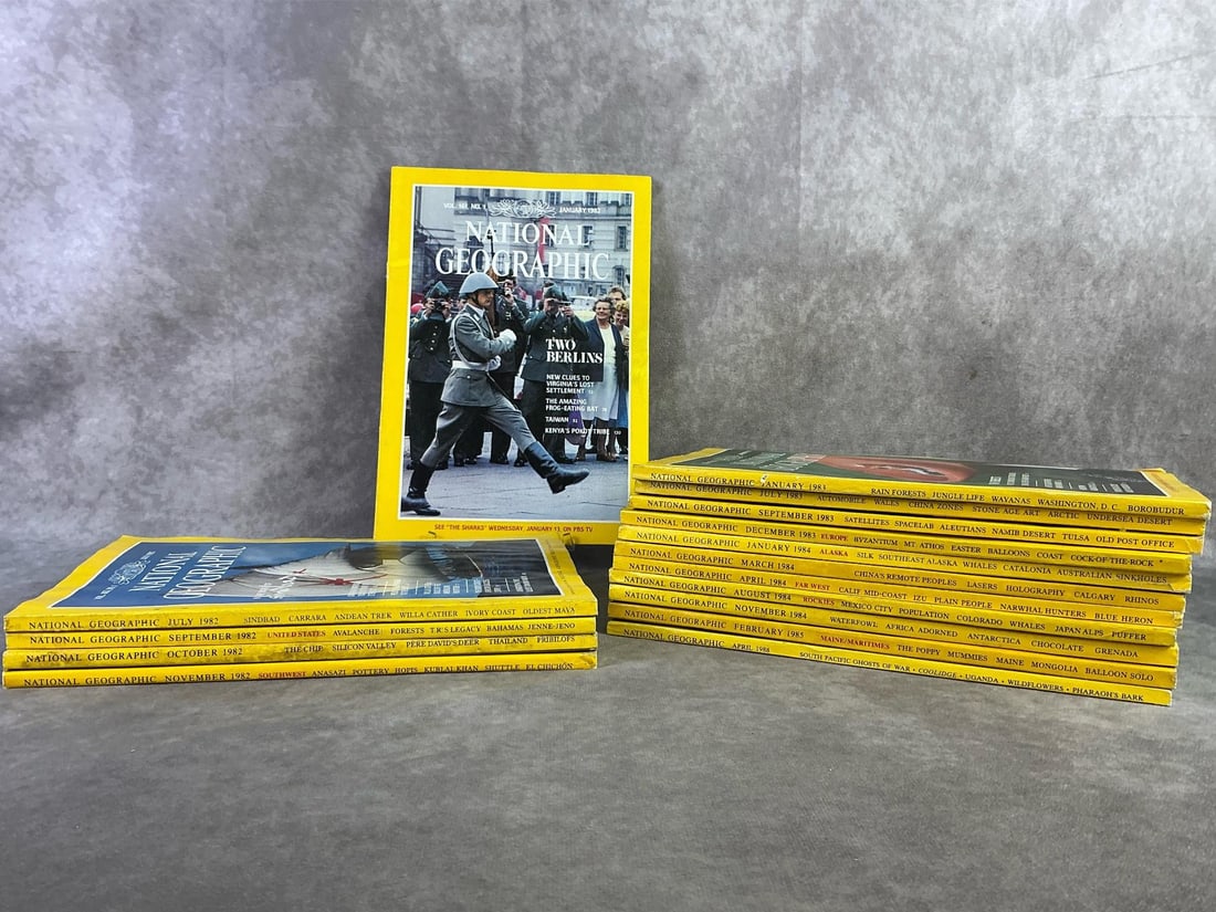 1980s National Geographic: Lot of sixteen National Geographic magazines from 1982, 1983, 1984, 1985, and 1988. All in good condition. Each measures 7 inches wide x 10 inches tall.