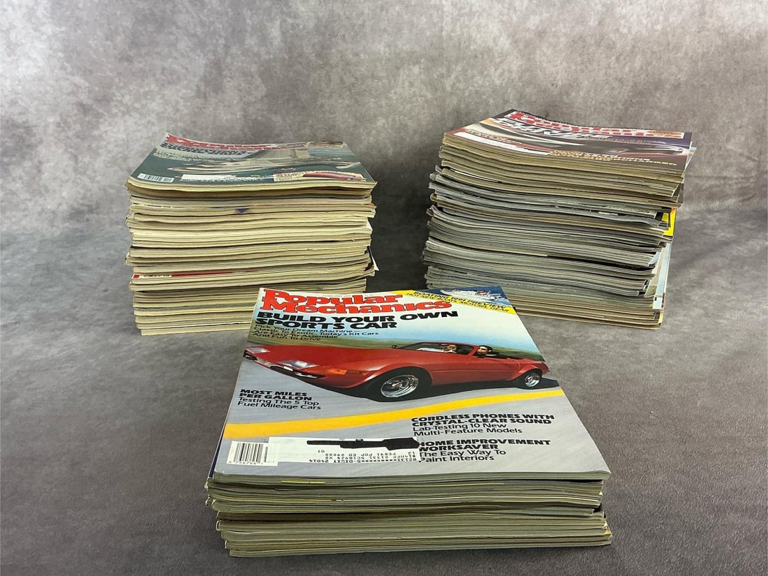 Popular Mechanics Magazines: Large lot of Popular Mechanics magazines dated 1980s to 2000s. All in good condition. Each measures 8 inches wide x 11 inches tall.