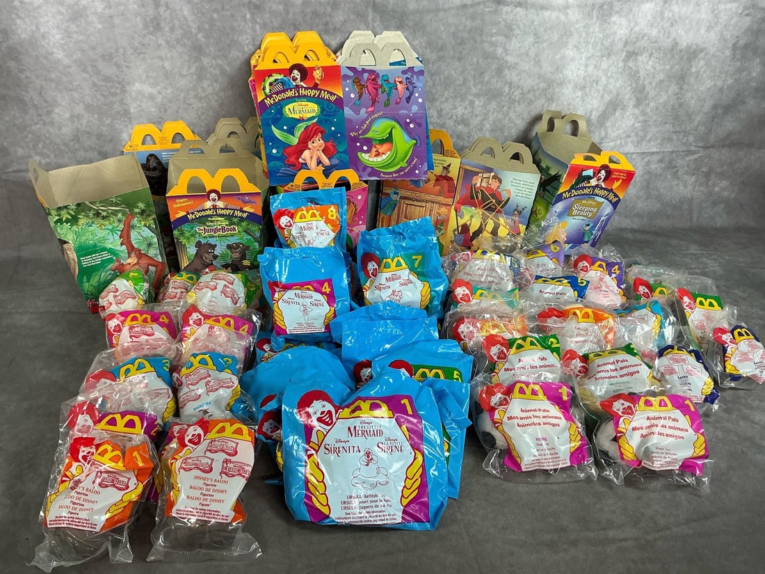 McDonald's Toys: Forty-seven Happy Meal toys from 1996-1999. Includes Jungle Book, Little Mermaid, Animal Pals, and Sleeping Beauty. Includes meal boxes. Average package measures 4 inches x 5 inches.