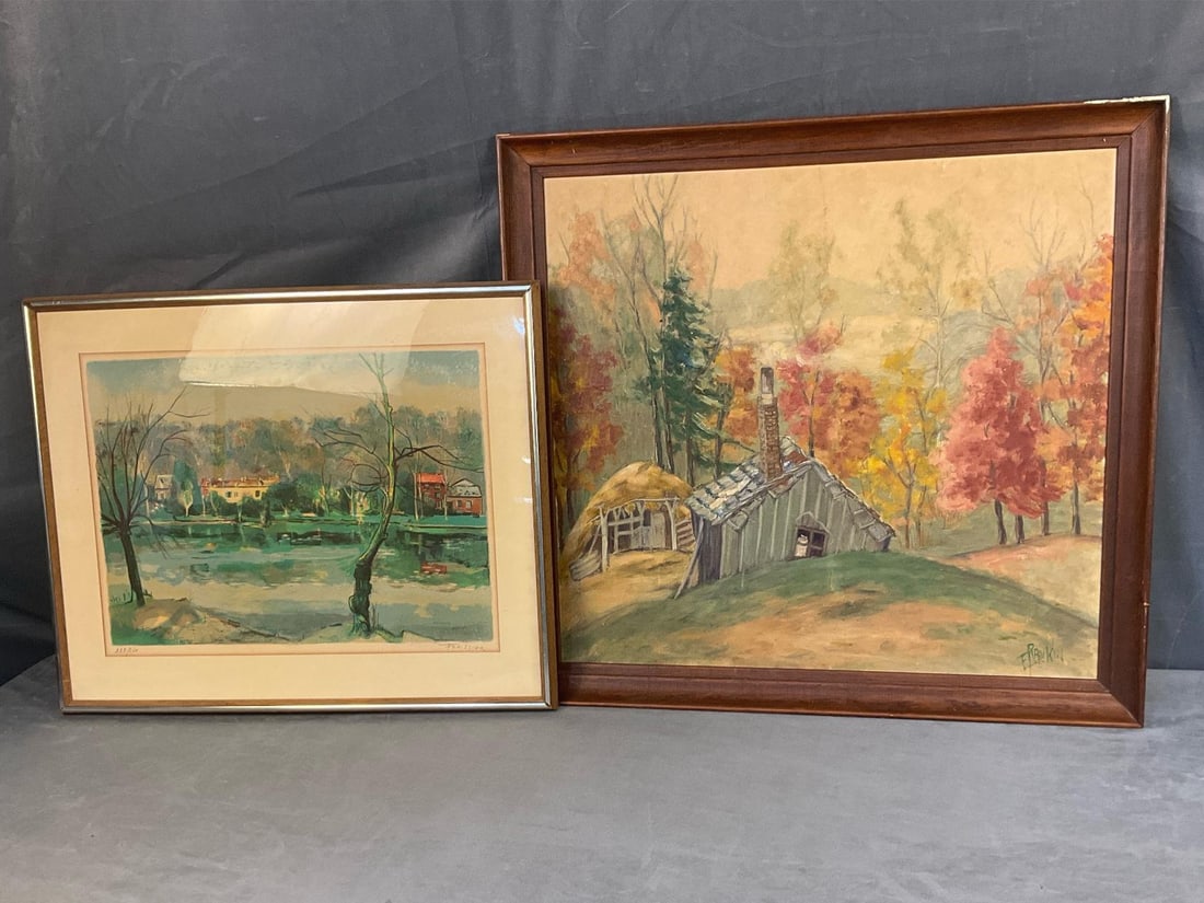 Vintage Artwork: Two mid-twentieth century works of art. One oil on board painting of a cabin in the woods scene, with illegible signature. One signed and numbered 128/260 print with houses on lake scene, signed
